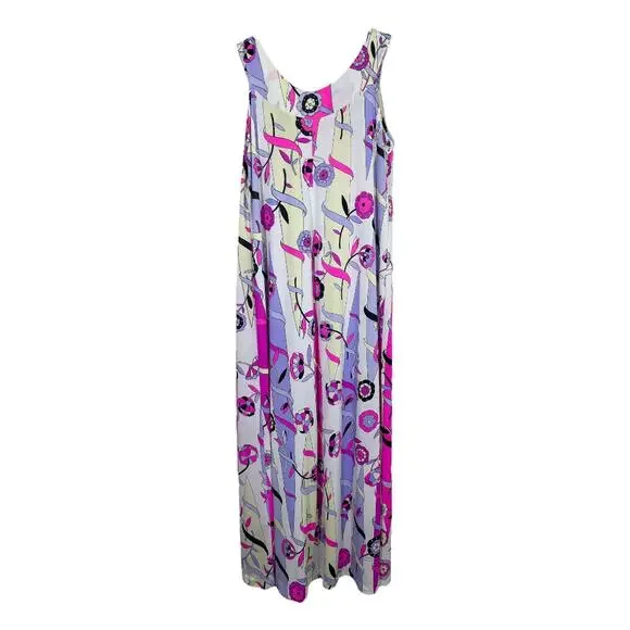 Vintage Leonora 70s Groovy Print Nightgown Small Sleeveless Pink Purple Floral - Picture 2 of 5